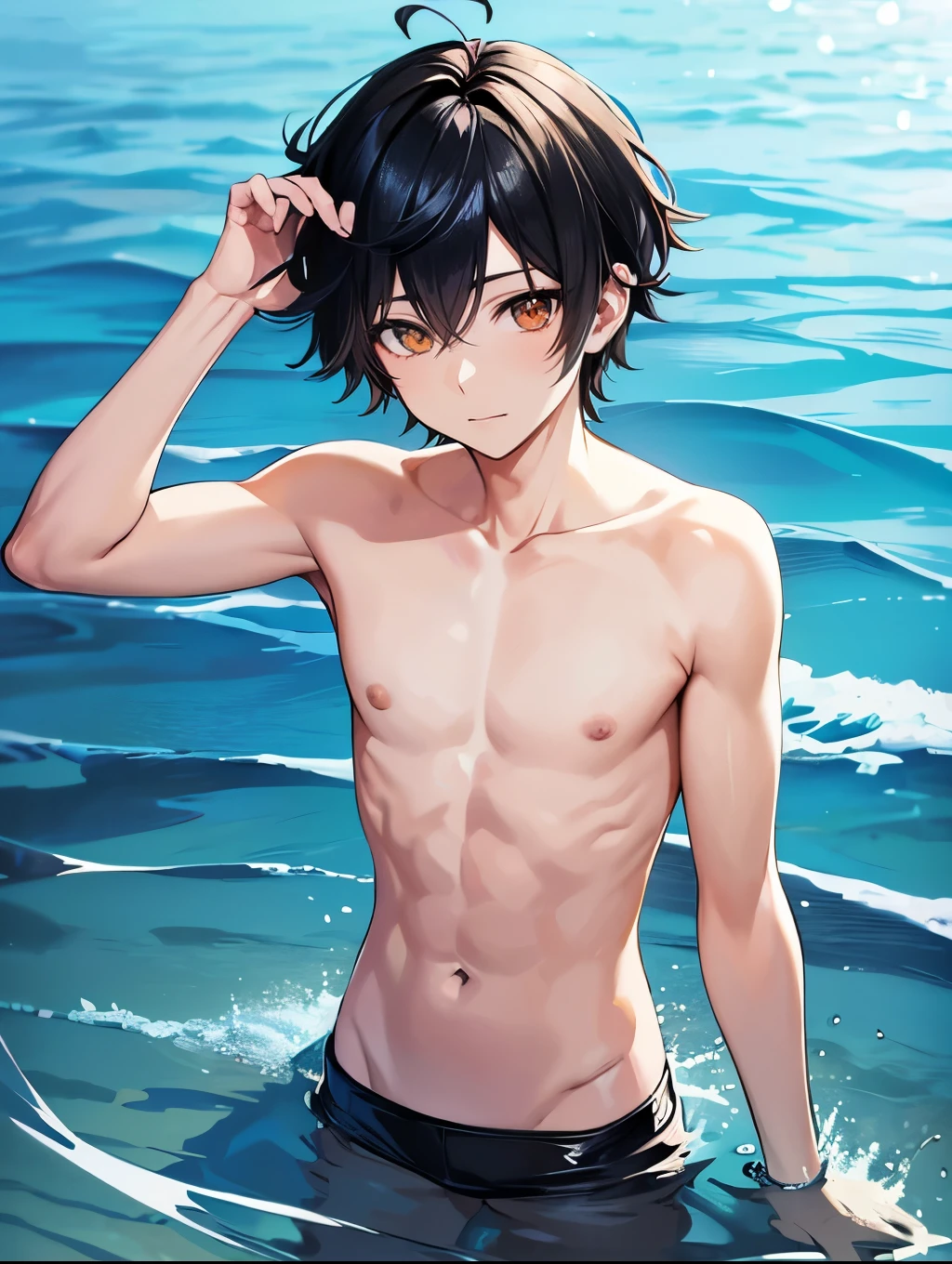 anime boy, manwha, semi realistic, short black hair, golden eyes, soft features, , tende, swimming in beach using Duckling floats