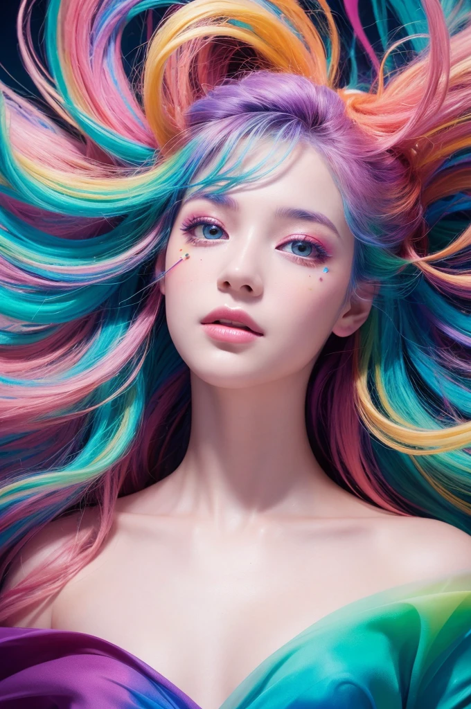 "Create an ethereal portrait of a young woman with a face framed by vibrant, swirling, multi-colored hair. The background should be a dreamy, abstract mix of similar colors, giving the impression of floating in a magical, otherworldly space. The woman's expression should be one of wonder and awe, looking up towards the sky with bright, curious eyes."