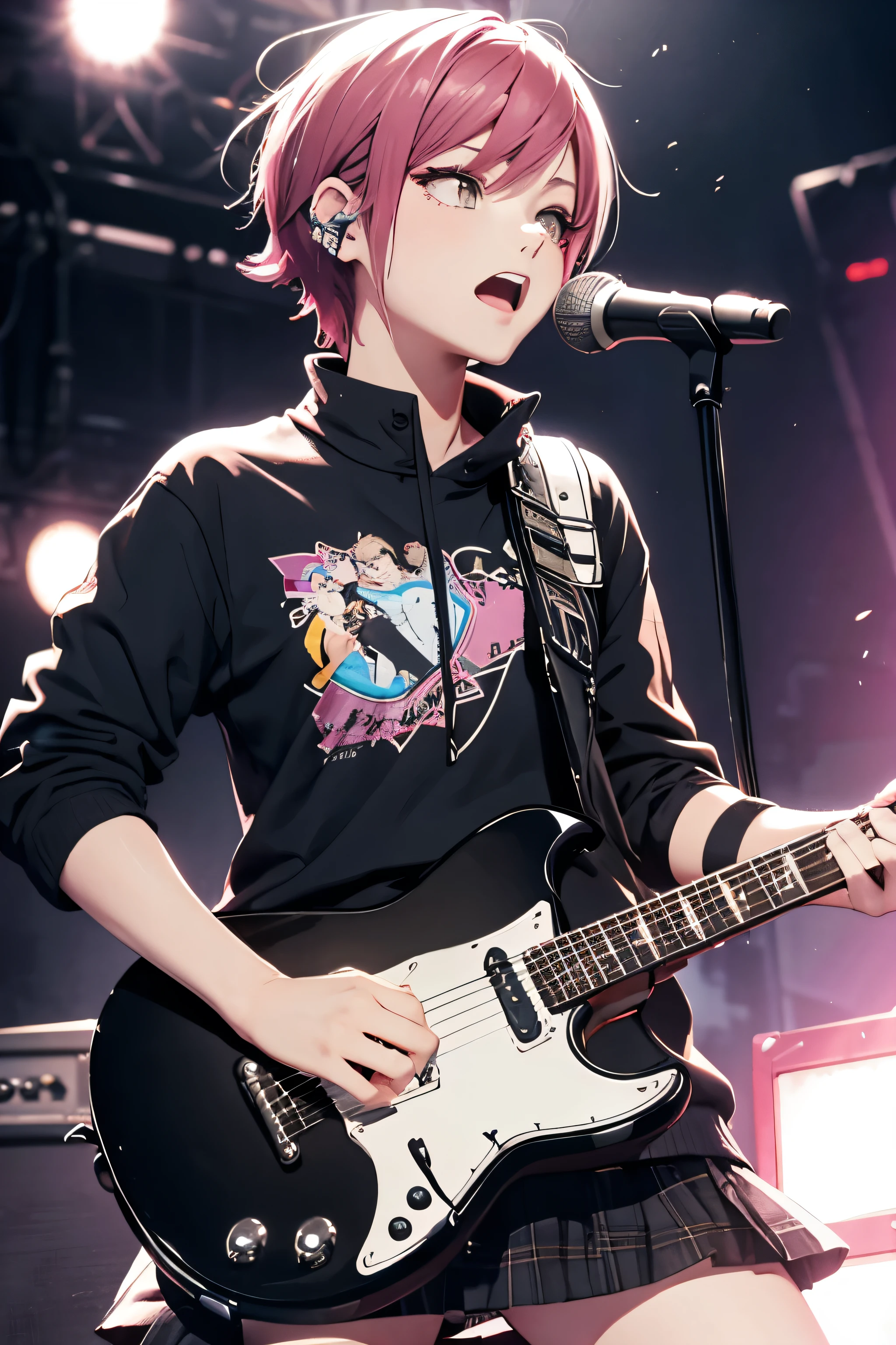 Tomboy punk girl holding guitar at concert