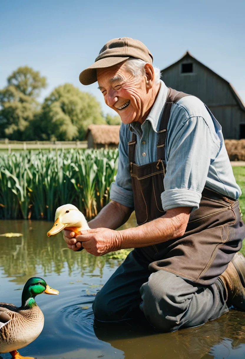 An elderly farmer with a warm smile strokes the head of a duck next to a water pond on the farm. The breeder looks affectionate and caring towards his ducks, showing the close bond between humans and animals. The backdrop features a serene, natural farm environment, with details such as greenery and a faint blue sky in the distance. This image will be rendered in high resolution with dimensions of 6465 x 4301 pixels.