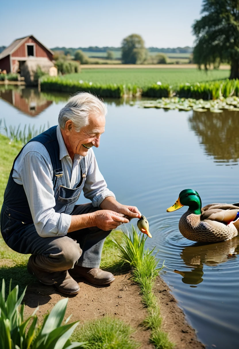 An elderly farmer with a warm smile strokes the head of a duck next to a water pond on the farm. The breeder looks affectionate and caring towards his ducks, showing the close bond between humans and animals. The backdrop features a serene, natural farm environment, with details such as greenery and a faint blue sky in the distance. This image will be rendered in high resolution with dimensions of 6465 x 4301 pixels.