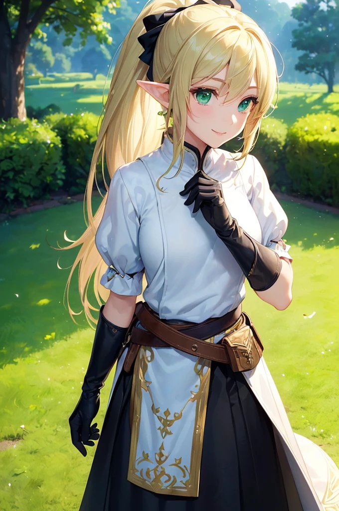 (((masterpiece; best quality: 1.2))), (finely detailed eyes: 1.3), (25 year old elf woman), (solo), (green eyes: 1.4), (body; lithe, fit, femenine: 1.3), (silky blonde hair + low ponytail: 1.3), (beautiful and clear background: 1.2), ((depth of field)), (equipment: adventurer attire + modest + long white tunic-coat + black longskirt + gloves + belt + pouches: 1.3), (anime illustration: 1.2), (background composition; royal garden: 1.1), (extremely fine and beautiful: 1.1), (shot composition; standing + centered on torso + close-up: 1.5), (expression; calm, smile: 1.2)