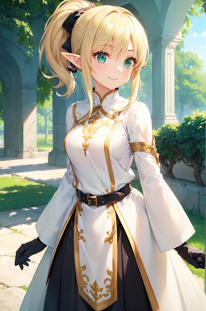 (((masterpiece; best quality: 1.2))), (finely detailed eyes: 1.3), (25 year old elf woman), (solo), (green eyes: 1.4), (body; lithe, fit, femenine: 1.3), (silky blonde hair + low ponytail: 1.3), (beautiful and clear background: 1.2), ((depth of field)), (equipment: adventurer attire + modest + long white tunic-coat + black longskirt + gloves + belt + pouches: 1.3), (anime illustration: 1.2), (background composition; royal garden: 1.1), (extremely fine and beautiful: 1.1), (shot composition; standing + centered on torso + close-up: 1.5), (expression; calm, smile: 1.2)