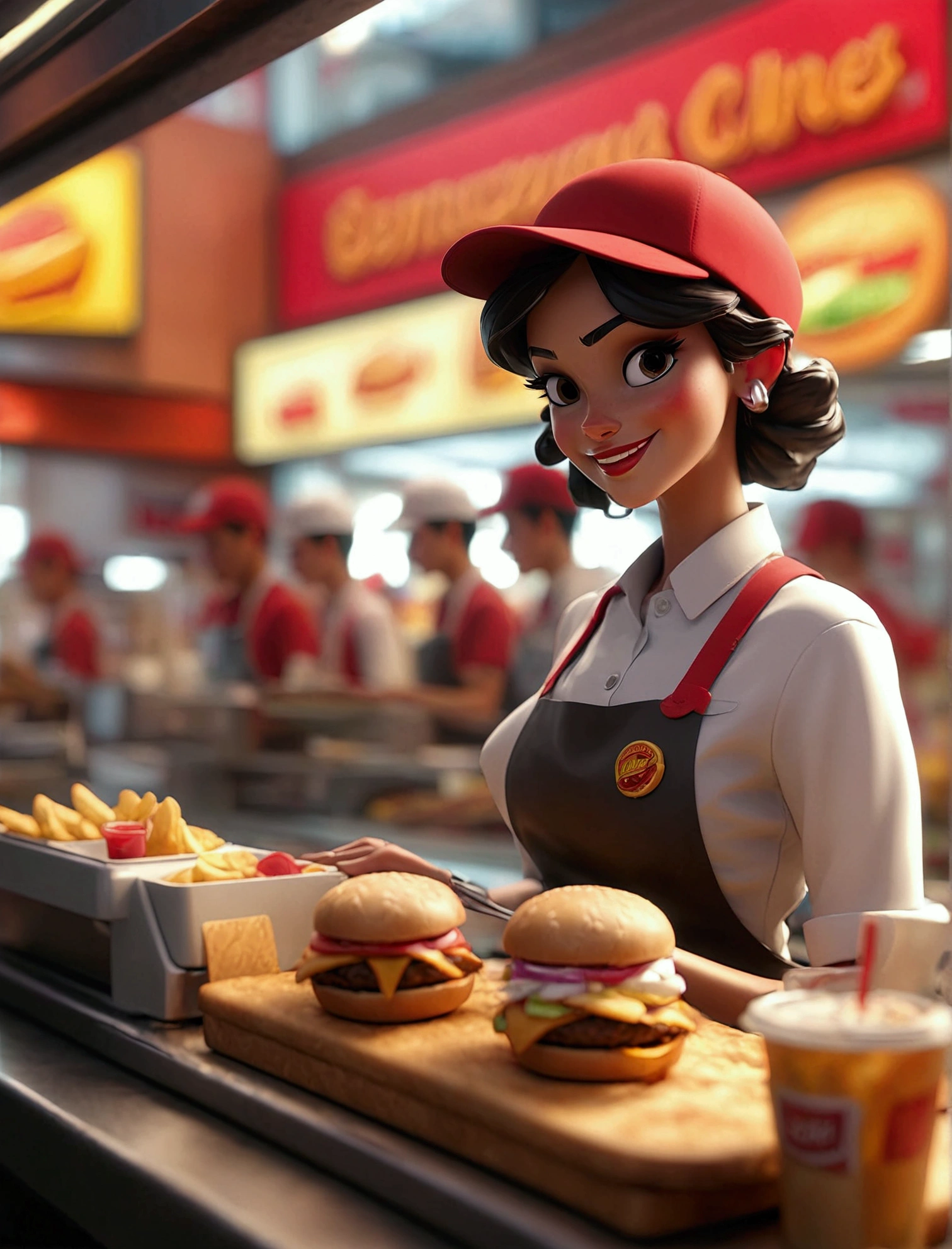 Aphotorealistic, ultra-detailed representation of a dedicated fast food worker serving customers behind the counter in an upper body shot. The individual, showcasing a genuine smile, is skillfully multitasking, handling various orders with precision and attention to detail. Their uniform, emblazoned with the familiar logos of the fast food chain, is worn neatly, and their hands move with dexterity as they assemble meals. The background is a blur of movement, customers lining up to place their orders. The scene is brightly lit, highlighting the worker's focused expression and the intricate mechanisms of the fast food assembly line. The image is shot in 8K UHD, gigantic breasts, giga_busty