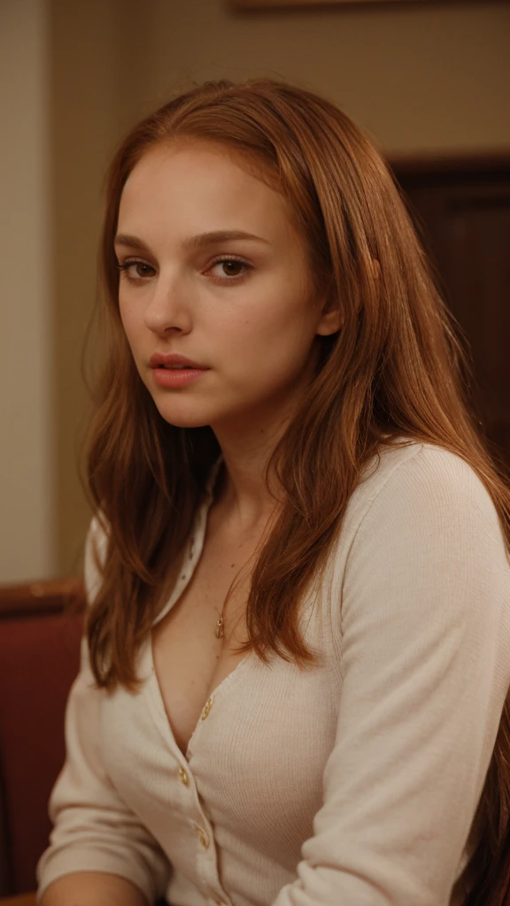 sitting at a table with red hair, Sexy photo of a very young sexy woman, 16 years old, with disheveled copper-red hair , a bit like Scarlett Johansson, juicy figure, big breasts, wonderful big eyes and full lips, at school , In the classroom context, school outfit, , She is angry, Angry, sits at the table, Busty redhead, Beautiful redhead