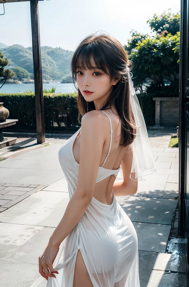 masterpiece, 1 beautiful girl, Delicate eyes, Purebred face_v1, Top quality, Ultra high resolution, (Reality: 1.4), Japanese, Korean, very beautiful, Beautiful skin, slim, (超Reality), (high resolution), (8K), (Very detailed), Delicate face, Bright Lights, Professional lighting, Looking at the audience, Face straight ahead, White backless see-through dress,big nipples, 46 points side bangs,