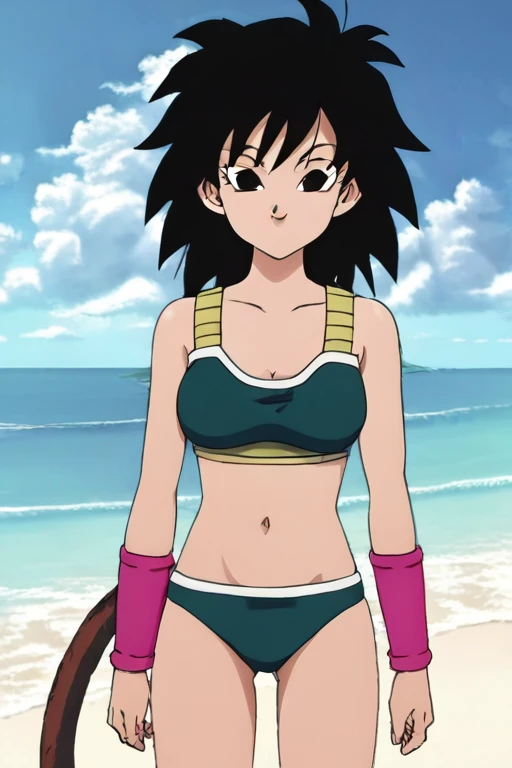 source_anime, score_9,score_8_up, score_7_up, ginedb, anime screencap, 1girl, solo, looking at viewer, smile, medium breasts, black hair, ocean, medium breasts, smile, standing, light sky, underwear, yellow brasier, dark blue panty, saiyan bots, wihte bots, saiyan fem bots