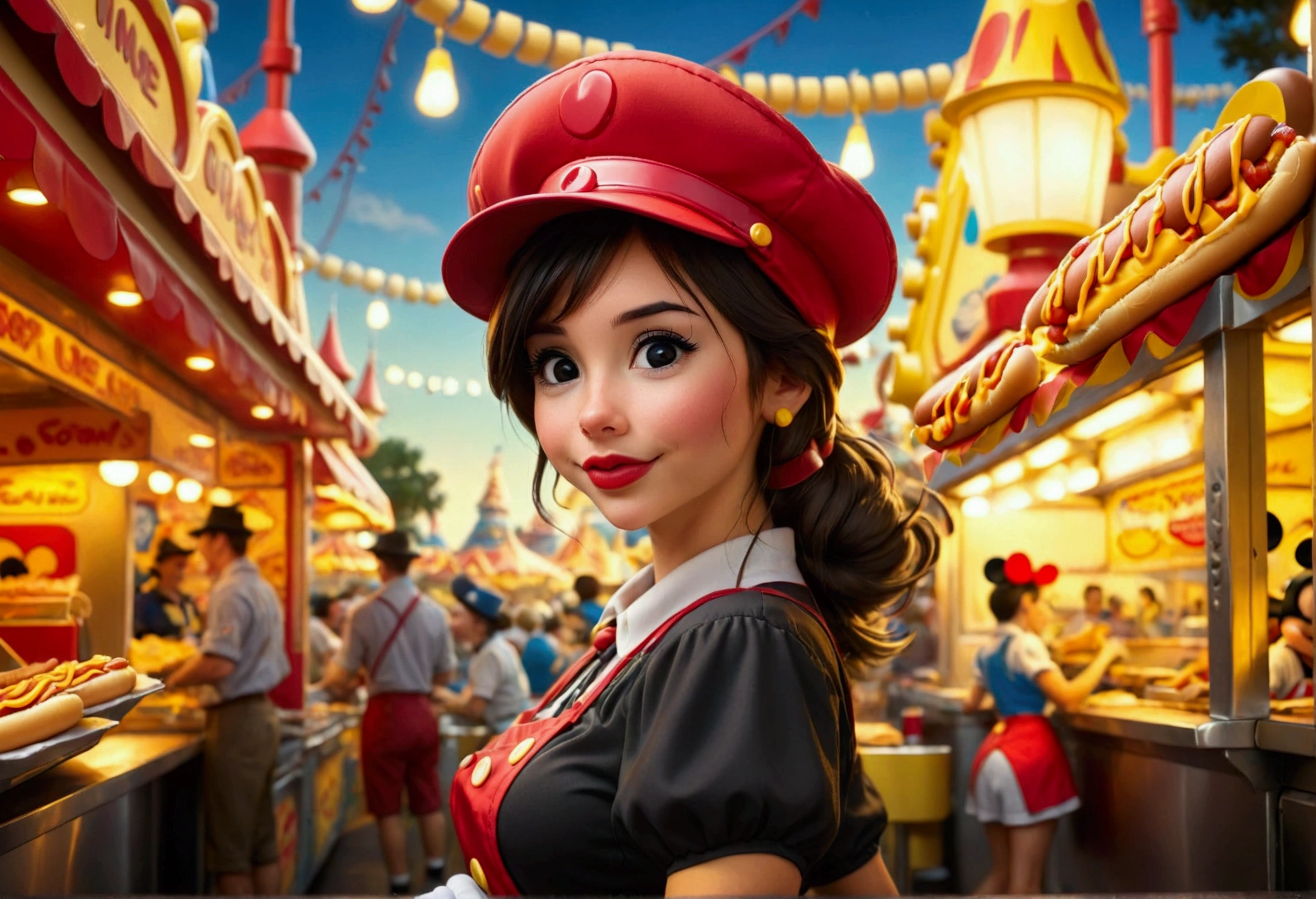 A cute woman, disney land sexy uniform(mickey mouse hat), working at a hot dog stand, near the entry to a Disney land ride
