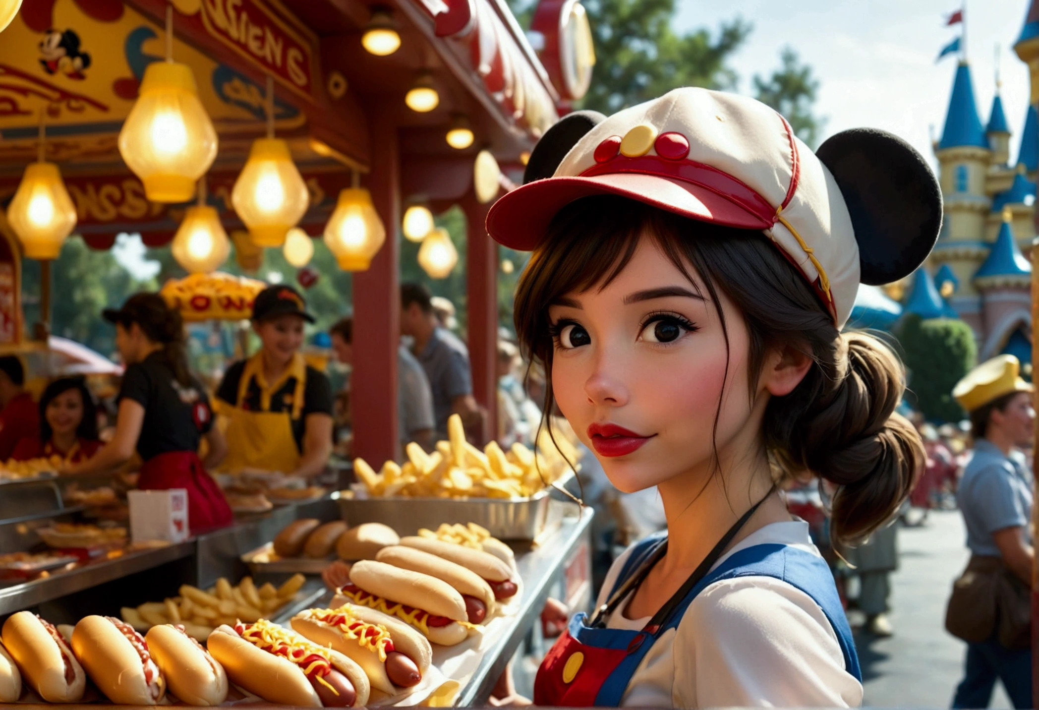 A cute woman, disney land sexy uniform(mickey mouse hat), working at a hot dog stand, near the entry to a Disney land ride