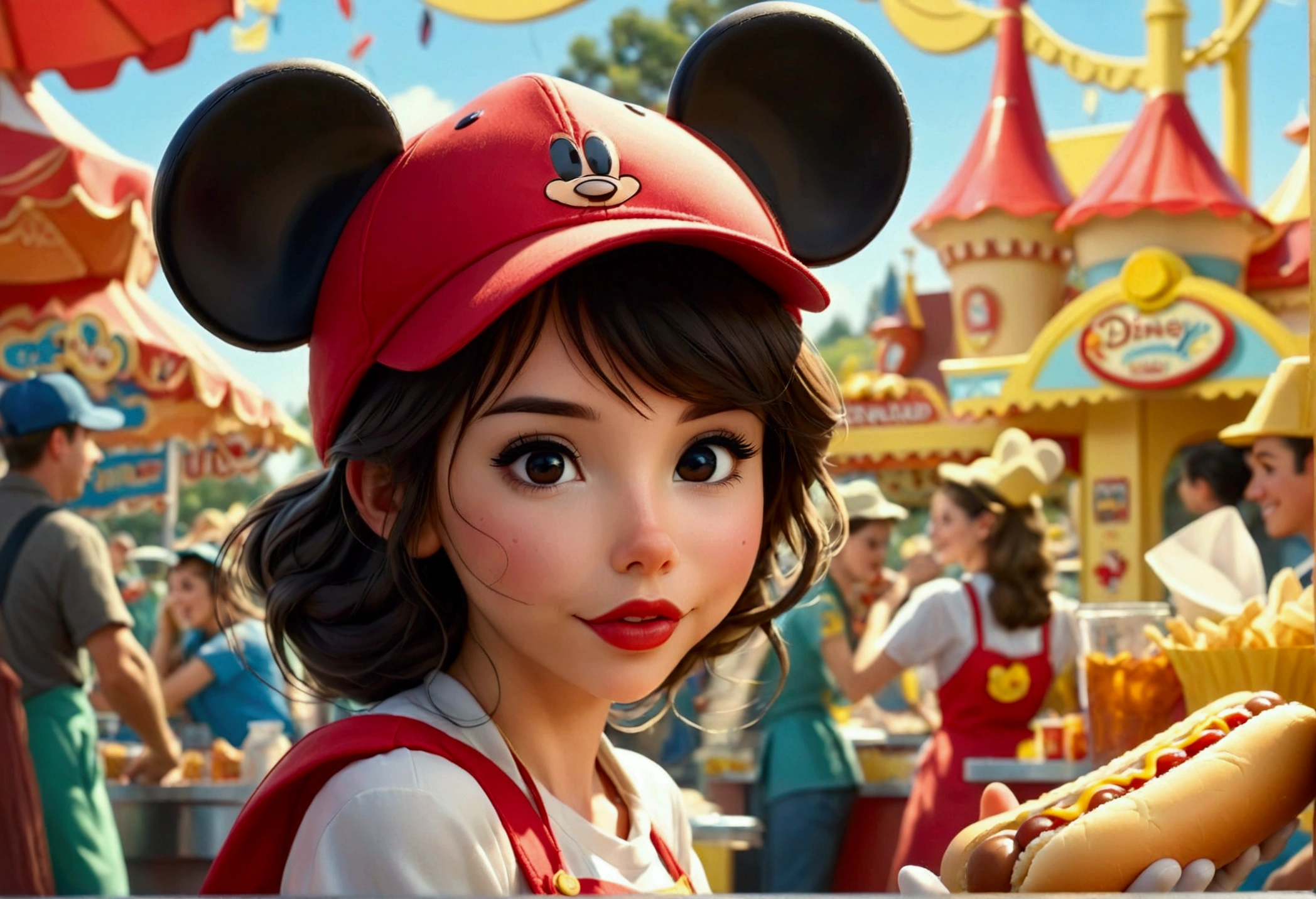 A cute woman, disney land sexy uniform(mickey mouse hat), working at a hot dog stand, near the entry to a Disney land ride

