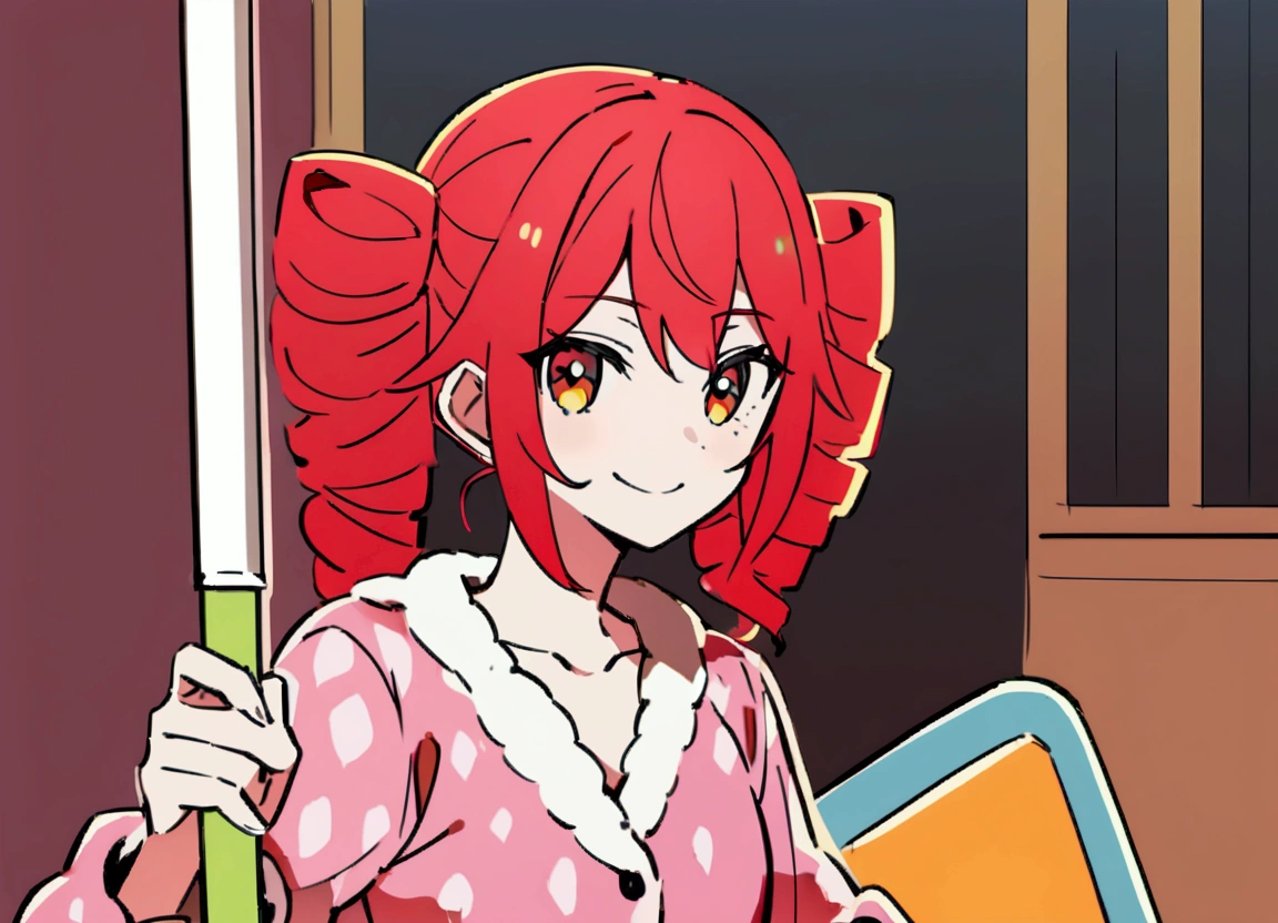Red hair, loungewear, holding vacuum cleaner, smiling