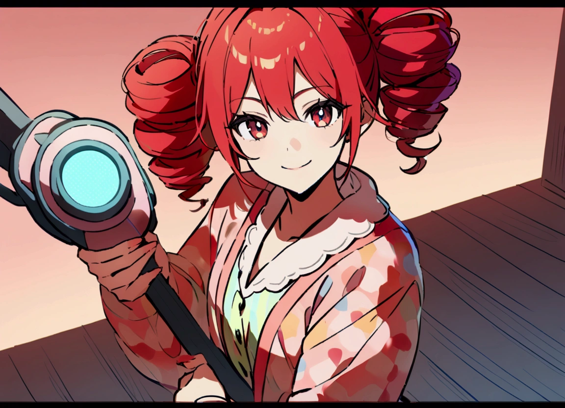 Red hair, loungewear, holding vacuum cleaner, smiling