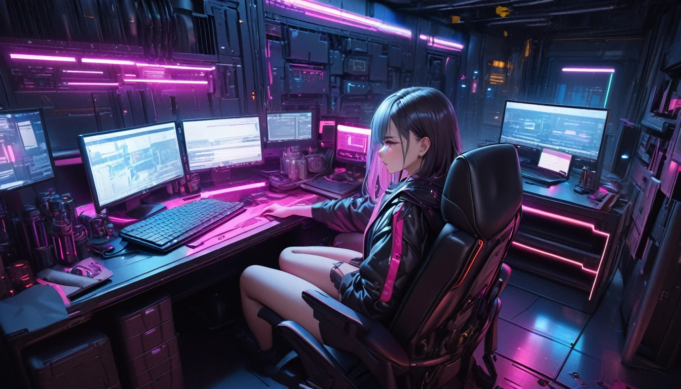(best quality, masterpiece, ultra detailed, ultra high res, photorealistic, raw photo, absolutely resolution), Cyberpunk, 20 year old woman, sitting on a chair and working on a computer, mechanical room, neon, blue and pink