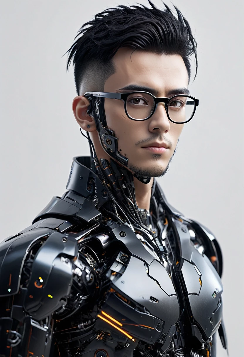 Male robot body hair with black-rimmed glasses with undercut hair, Look to the camera ::futuristic cyberpunk style ,realistic styling ::n_digital painting style, robotic parts, face perfect::seed 1、Black Edged Hair、large nose、Black-based clothing, photo by full body, White background