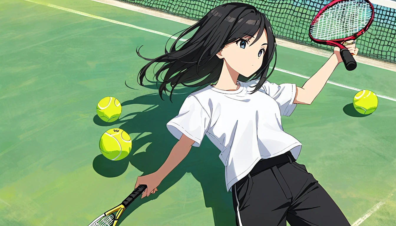 ((best qualityer)), ((work of art)), (detailded), 1 girl,t - shirt ,Bblack hair,pants,tennis