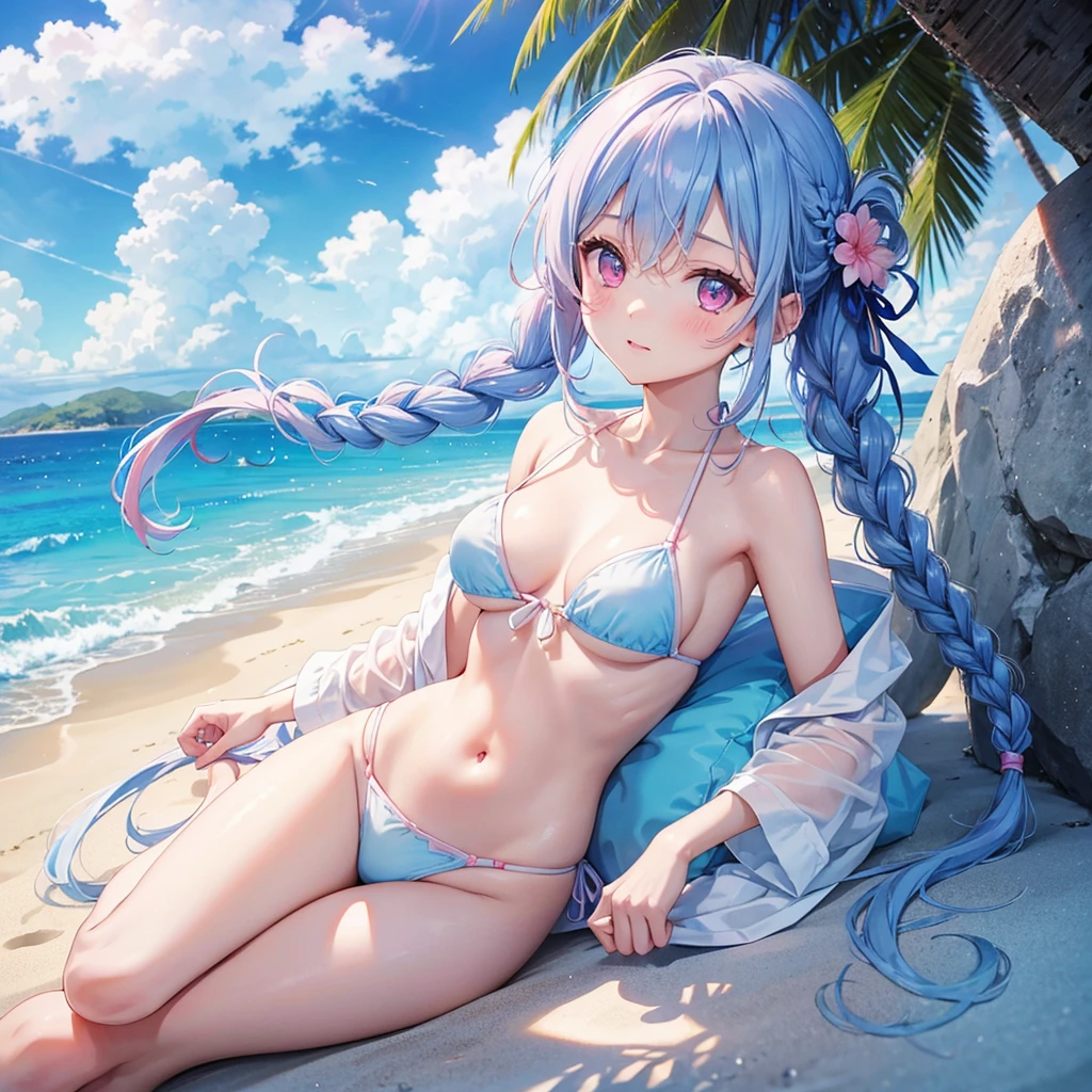 (Sky blue medium hair),(Braided hair tied together)、Pink eyes、Fair skin、(whole body)、(One Girl)、bikini、Shining white sand beach in midsummer、Okinawa's ocean、A happy smile、、(masterpiece、Highest quality、Very detailed、Best Shadow)、(Detailed Background)、(Beautifully detailed face)、High contrast、(Best lighting、Very delicate and beautiful)、((Cinematic Light))、colorful、Hyper Detail、Dramatic Light、Exquisite detail、Standing with your legs apart