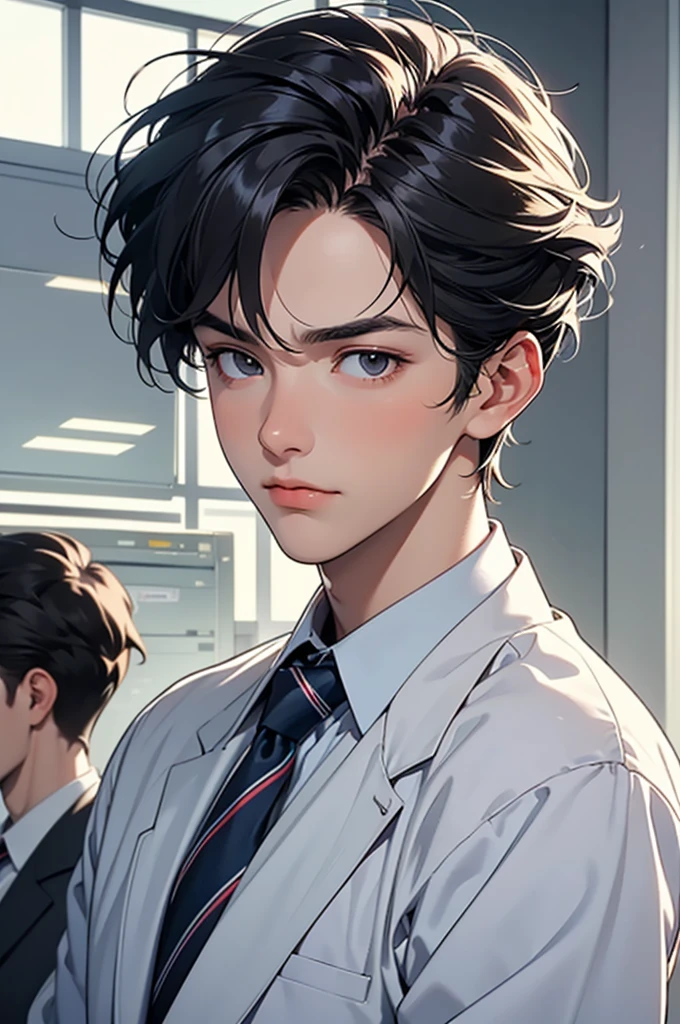 A handsome man in his 20s wearing a business suit is making a displeased, sulking expression inside his office during the day. He has a clean-cut, well-groomed short hairstyle. The background features a modern office setting with desks and office equipment visible, and bright sunlight streaming through the windows.
