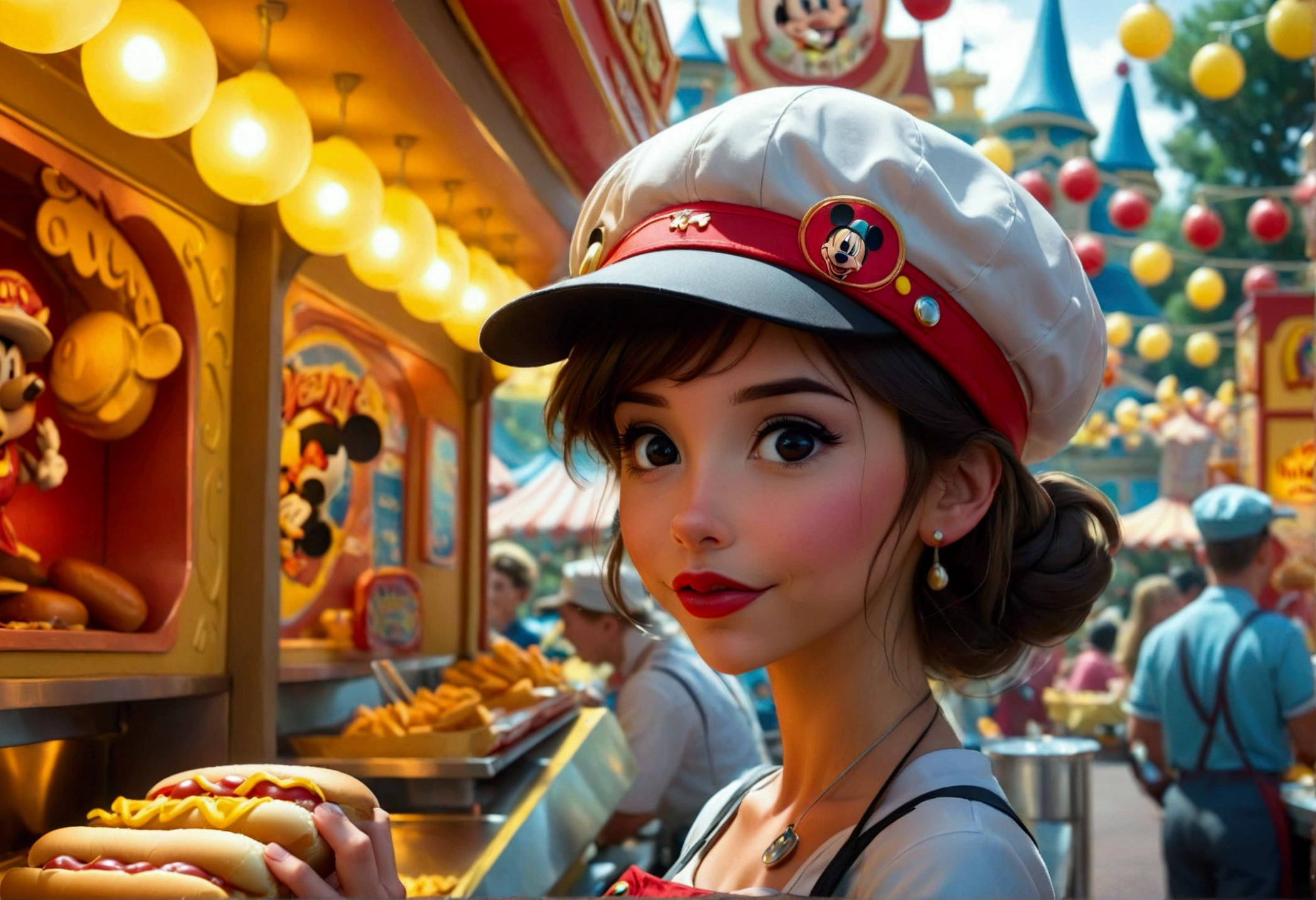 A cute woman, disney land sexy uniform(mickey mouse hat), working at a hot dog stand, near the entry to a Disney land ride, show all of her

