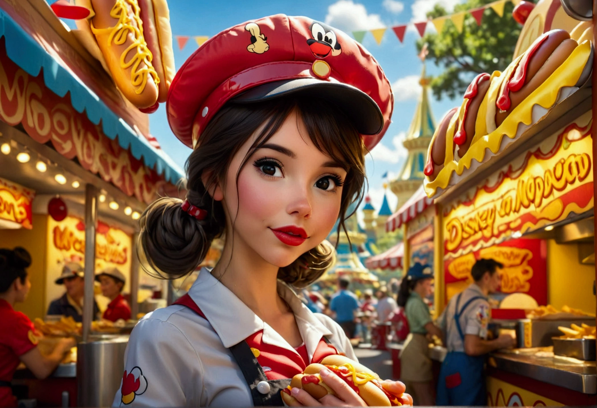 A cute woman, disney land sexy uniform(mickey mouse hat), working at a hot dog stand, near the entry to a Disney land ride, show all of her
