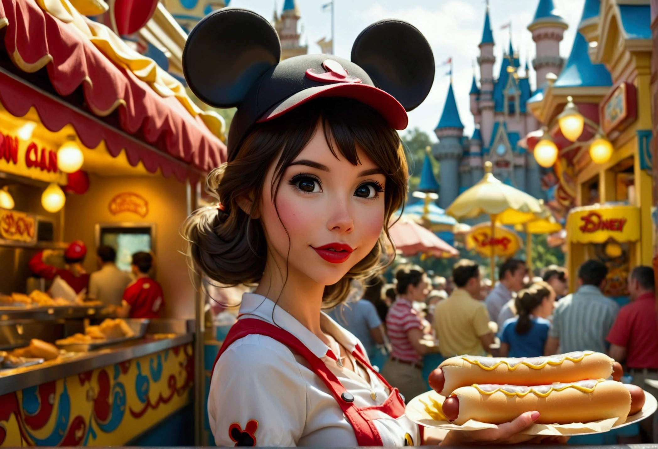 A cute woman, disney land sexy uniform(mickey mouse hat), working at a hot dog stand, near the entry to a Disney land ride, show all of her