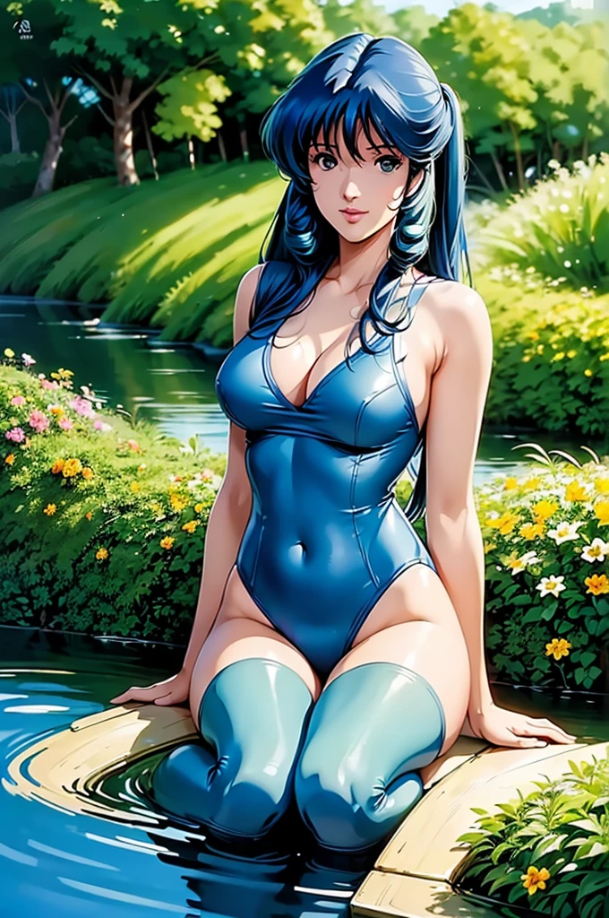 (((Best Quality, high resolution)))),((best quality,8k,masterpiece: 1.3)),((hyper realistic front portrait looking at viewer )),((portrait of lynn minmay)),((lynn minmay de macross)),((Best Quality, high resolution)),sniper aiming at the ((((lynn minmay )))),Beautiful detailed light blue eyes, detailed lips, long eyelashes, ((one piece swimsuit)) girl in a garden,soft sunlight,half:oil painting,ultra detailed,realist,vivid colors,fantastic atmosphere,shadows and lights,Greenery and flowers,peaceful and serene,Masterpiece:1.2