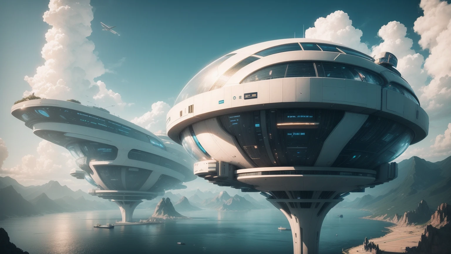 (Best quality,4K,8K,A high resolution,Masterpiece:1.2),Ultra-detailed,(Realistic,Photorealistic,photo-realistic:1.37),Futuristic floating city,Futuristic technology,Huge urban high-tech tablet platform,Airship,Floating in the sky,Futuristic city,Small airships around,High-tech hemispherical platform,Colorful lights,Advanced architecture,modernn architecture,skyscrapper,Access the cloud,Scenic beauty,view over city,Impressive design,Blend seamlessly with nature,energetic and vibrant atmosphere,Futuristic transportation system,Parking is suspended,Transparent path,Lush greenery,Sky gardens,cascading waterfalls,Magnificent skyline,reflections on the water,Sparkling river,Architectural innovation,futuristic skyscrapers,Transparent dome,The shape of the building is unusual,Elevated walkway,Impressive skyline,Glowing lights,Futuristic technology,Minimalist design,Scenic spots,Panoramic view,Cloud Piercing Tower,Vibrant colors,epic sunrise,epic sunset,Dazzling light display,magical ambiance,The future city,Urban Utopia,LuxuryLifestyle,Innovative energy,sustainable development,Smart city technology,Advanced infrastructure,Tranquil atmosphere,Nature and technology live in harmony,Awesome cityscape,Unprecedented urban planning,Architecture connects seamlessly with nature,High-tech metropolis,A cutting-edge engineering marvel,The future of urban living,Visionary architectural concept,Energy-efficient buildings,Harmony with the environment,A city floating above the clouds,Utopian dreams become reality,The possibilities are endless,State-of-the-art transportation network,Green energy integration,Innovative materials,Impressive holographic display,Advanced communication system,Breathtaking aerial view,Quiet and peaceful environment,Modernist aesthetics,Ethereal beauty