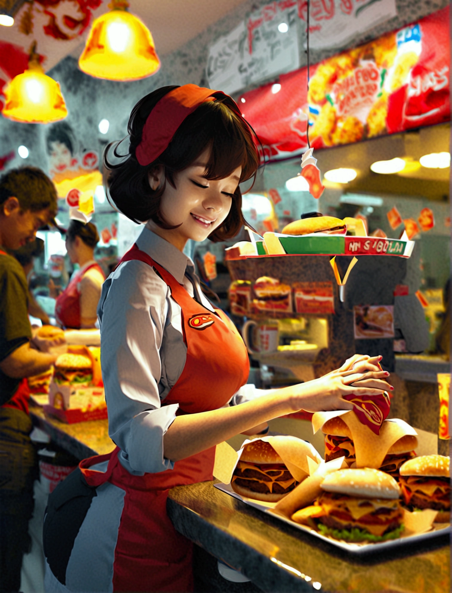 Aphotorealistic, ultra-detailed representation of a dedicated fast food worker serving customers behind the counter in an upper body shot. The individual, showcasing a genuine smile, is skillfully multitasking, handling various orders with precision and attention to detail. Their uniform, emblazoned with the familiar logos of the fast food chain, is worn neatly, and their hands move with dexterity as they assemble meals. The background is a blur of movement, customers lining up to place their orders. The scene is brightly lit, highlighting the worker's focused expression and the intricate mechanisms of the fast food assembly line. The image is shot in 8K UHD, gigantic breasts, giga_busty