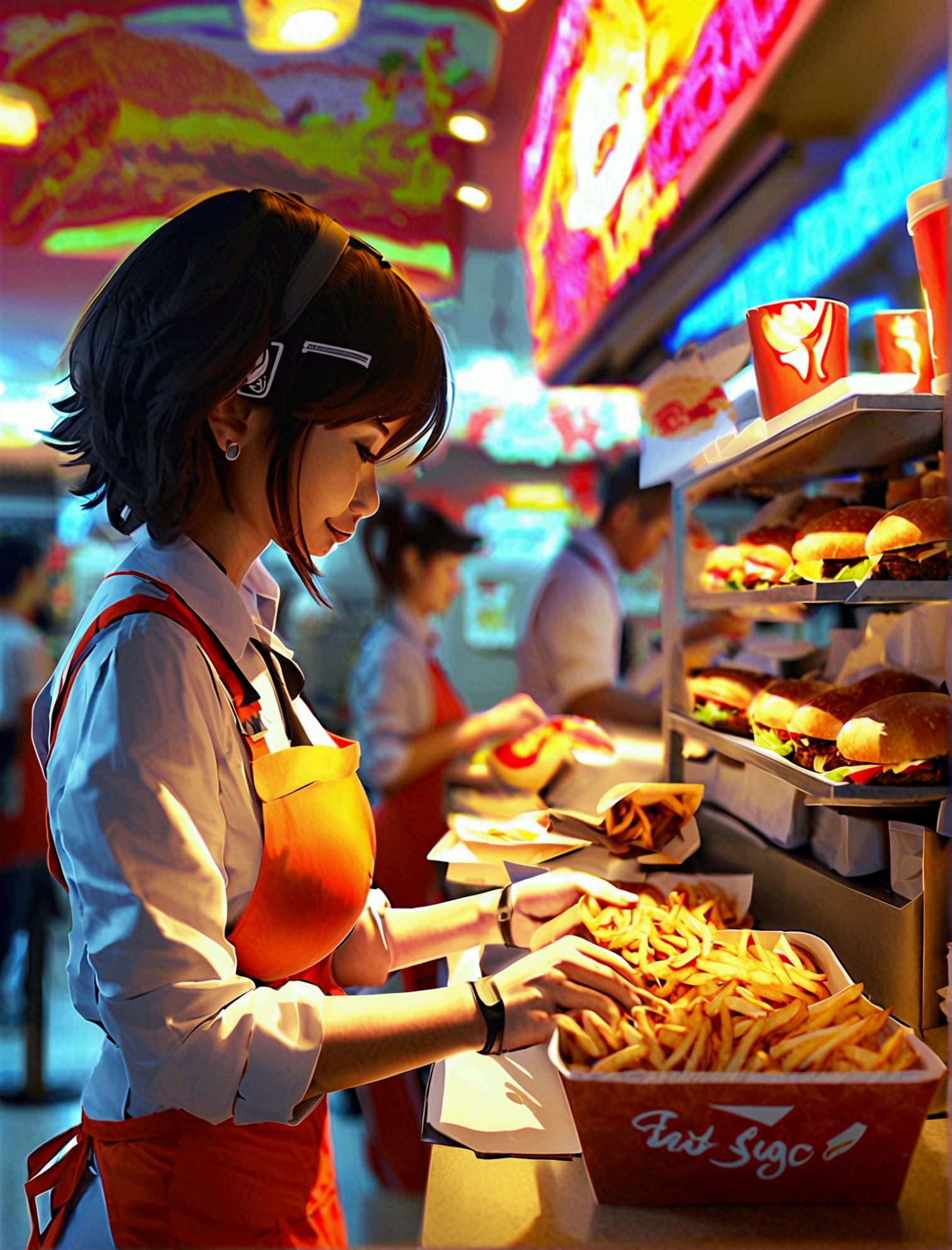 Aphotorealistic, ultra-detailed representation of a dedicated fast food worker serving customers behind the counter in an upper body shot. The individual, showcasing a genuine smile, is skillfully multitasking, handling various orders with precision and attention to detail. Their uniform, emblazoned with the familiar logos of the fast food chain, is worn neatly, and their hands move with dexterity as they assemble meals. The background is a blur of movement, customers lining up to place their orders. The scene is brightly lit, highlighting the worker's focused expression and the intricate mechanisms of the fast food assembly line. The image is shot in 8K UHD, gigantic breasts, giga_busty