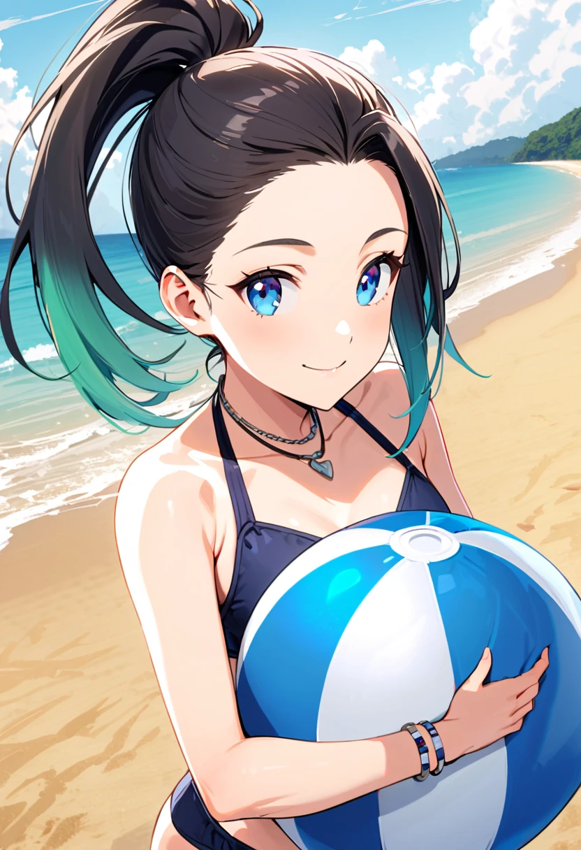 A young woman, 19-years-old, solo, Caucasian, black hair, cyan hair, gradient hair, ponytail, two-tone hair, blue eyes, cheerful smile, mature face, dark blue bikini top, dark blue bikini bottom, midriff, holding a beachball, beach, thin silver necklace, white bracelet, flat stomach