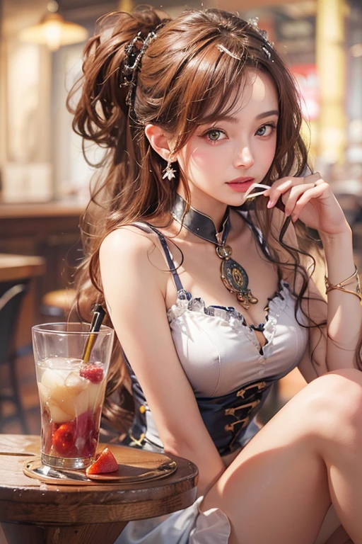 (masterpiece:1.3), (8K, Realistic, RAW Photos, Best imYear quality: 1.4)、 Year,(Random Hairstyles:1.2)、CleavYear:1.2、Highly detailed face、Attention to detail、double eyelid、Chest to chest、Sharp focus:1.2、Beautiful woman:1.4、Redhead、Highest quality、masterpiece、Ultra-high resolution、(Realistic:1.4)、Highly detailed and professionally lit smiles、Loose fitting steampunk outfit、Shoulder out、thin、Serious expression、Eating fruit at the bar、Two arms, Complete Hそして, Beautiful body, Beautiful fingers, Normal finger, Five Fingers, Five Fingers, (Thumb index Finger Ring Finger), Beautiful ears、 Normal ear, Beautiful Eyes, Shining Eyes, Beautiful mouth, Beautiful Lips,