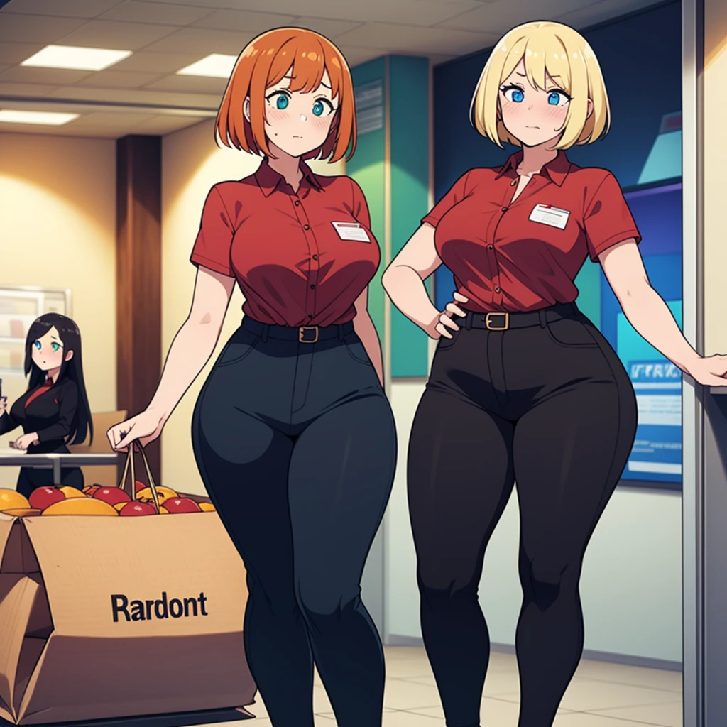((highres)), Masterpiece, high quality, best quality, beautiful, perfect lighting, detailed face, ultra cute face, ((2girls)), ((blush)), one girl has blonde hair, blue eyes, red shirt, black pants, work uniform, one girl has orange hair, green eyes, red shirt, black pants, work uniform ,tight clothes, super market, medium breasts, perky breasts, wide hips, standing next to each other,