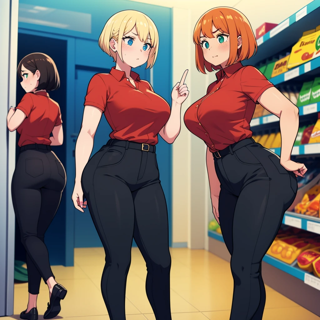 ((highres)), Masterpiece, high quality, best quality, beautiful, perfect lighting, detailed face, ultra cute face, ((2girls)), ((blush)), one girl has blonde hair, blue eyes, red shirt, black pants, work uniform, one girl has orange hair, green eyes, red shirt, black pants, work uniform ,tight clothes, super market, medium breasts, perky breasts, wide hips, standing next to each other,