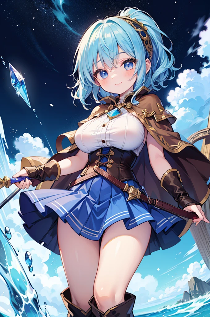 Fantasy,((Masterpiece)),((high resolution)),((Best Quality)),Anime illustration,((1girl)),(wavy hair),(short hair),(pale blue hair color),small ponytail,headband,Indigo eyes,(Big round eyes),((tareme)),,((baby face)),ig breasts))),Short stature,Young,(loli),,ice wizard,sleeless white blouse,Blue mini skirt,slit,Brown corset,brown capelet,smile,,Brown long boots,wizard's wand with blue gem,