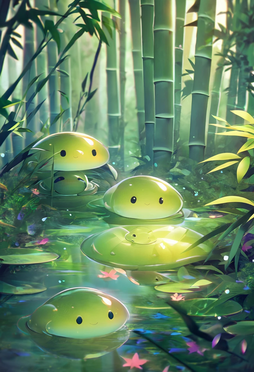 Highest quality, masterpiece, Tadpoles in a bamboo forest, Cute pose, Fantasy forest world, A gentle glowing image effect