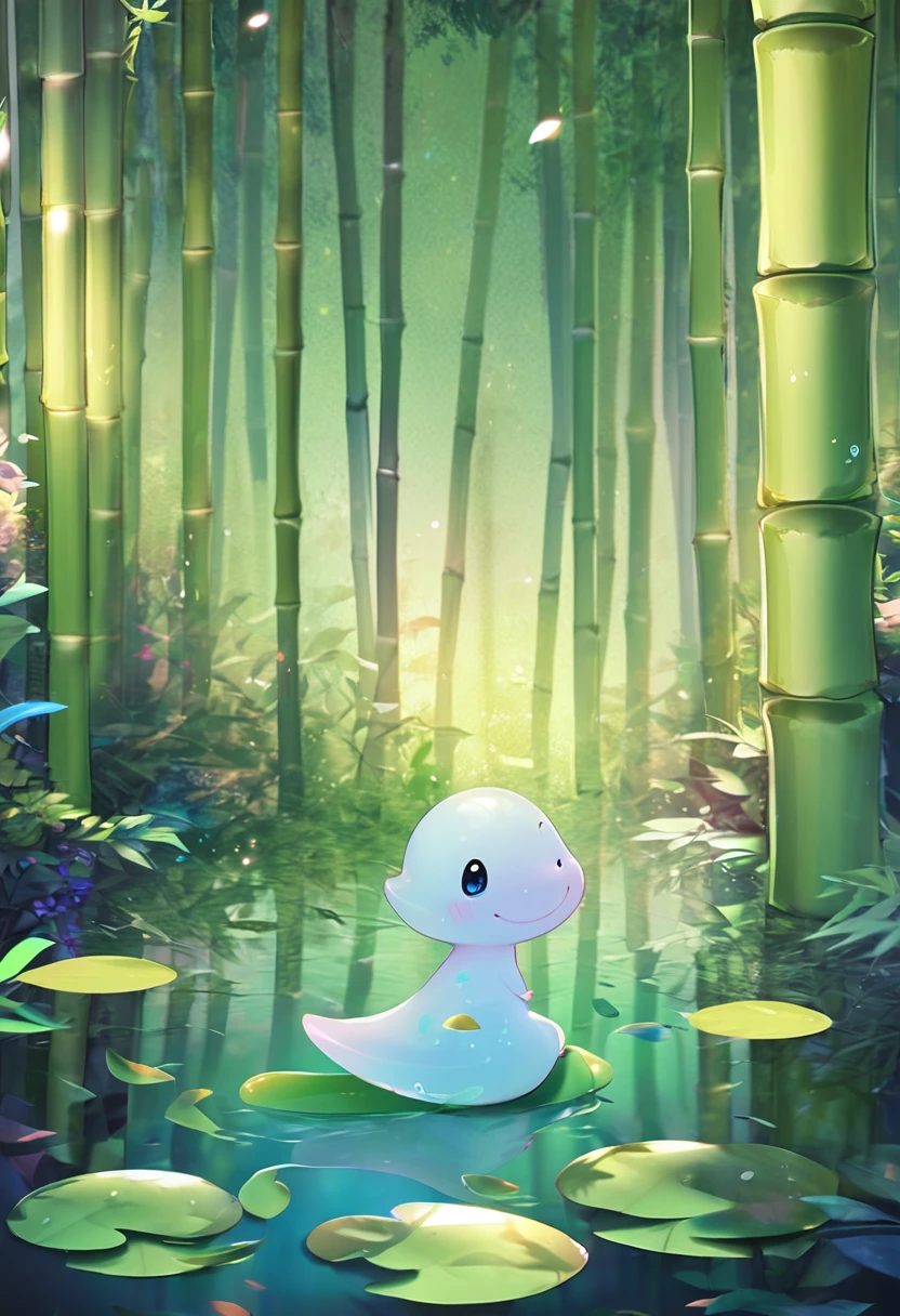 Highest quality, masterpiece, Tadpoles in a bamboo forest, Cute pose, Fantasy forest world, A gentle glowing image effect