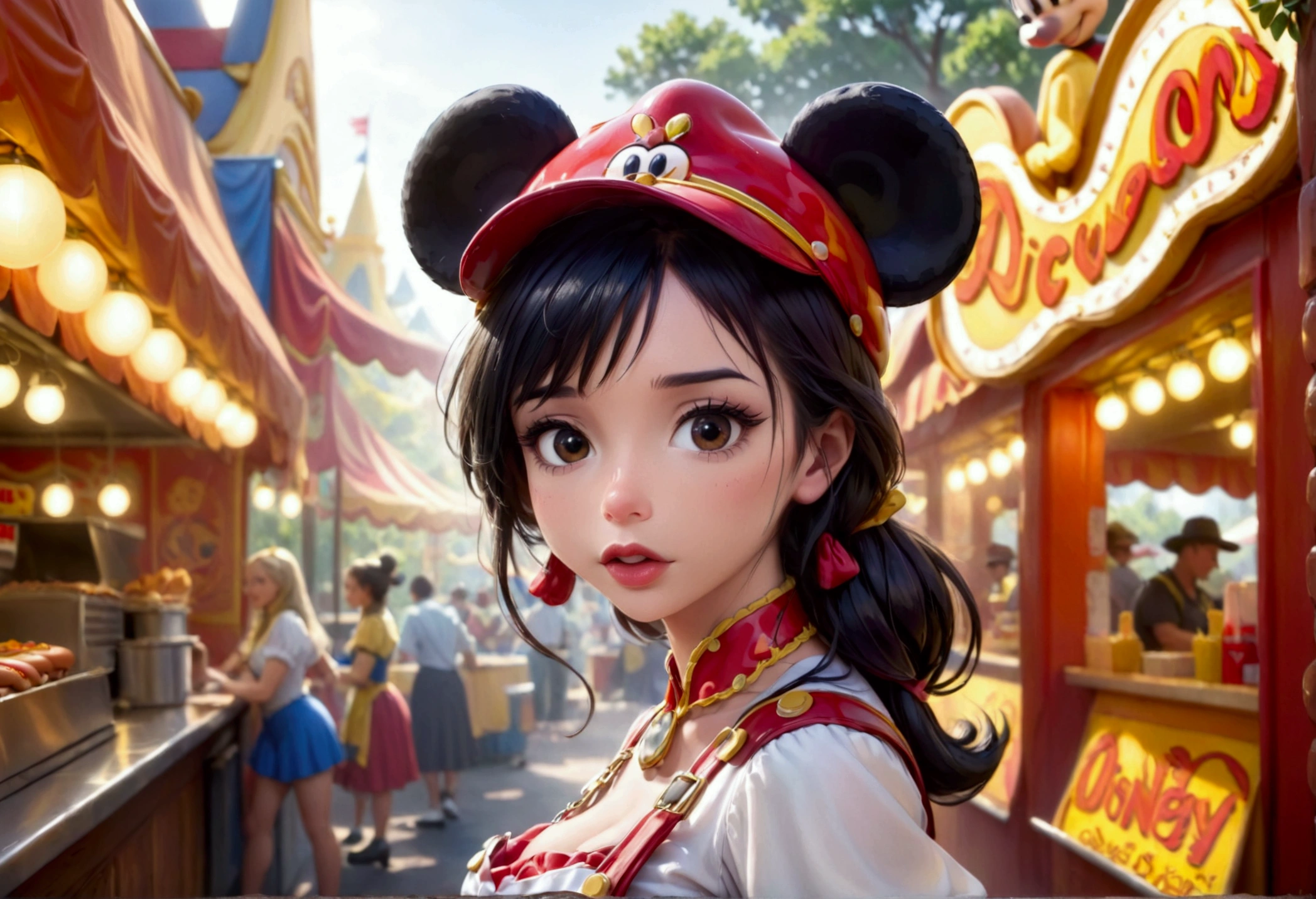 A cute woman, disney land sexy uniform(mickey mouse hat), working at a hot dog stand, near the entry to a Disney land ride, show all of her
