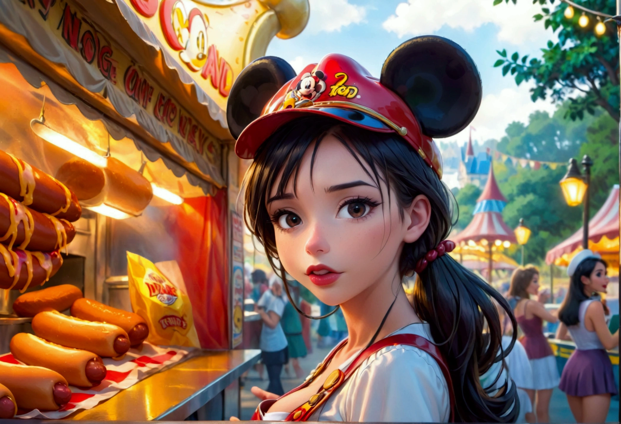 A cute woman, disney land sexy uniform(mickey mouse hat), working at a hot dog stand, near the entry to a Disney land ride, show all of her
