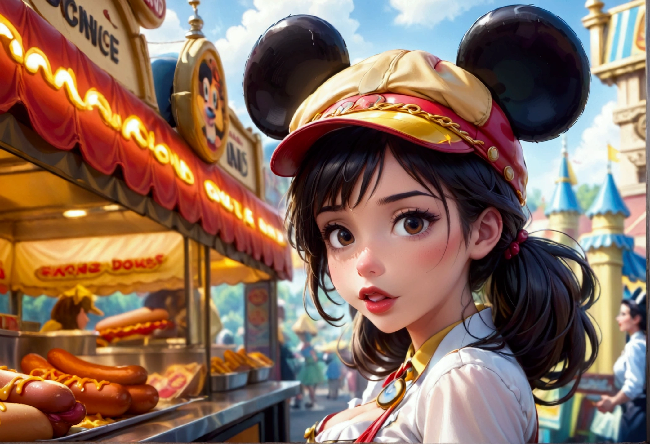 A cute woman, disney land sexy uniform(mickey mouse hat), working at a hot dog stand, near the entry to a Disney land ride, show all of her