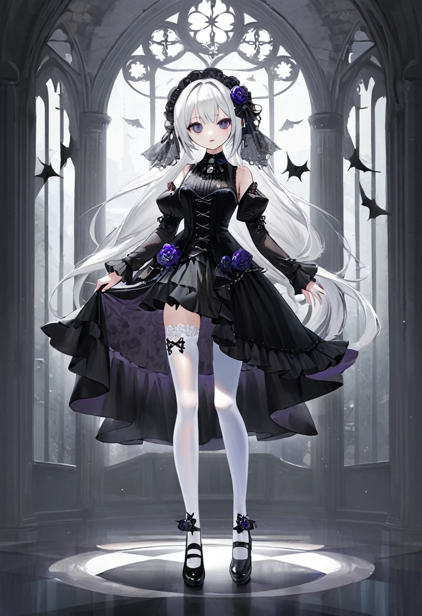 masterpiece, top-quality, masterpiece, top-quality,ighly detailed,{top-quality}, {{masterpiece}}, {hight resolution},original, {extremely delicate and beautiful},masterpiece, top-quality,ighly detailed,{top-quality},white hair, gothic lolita, full body, standing, white thighhighs,