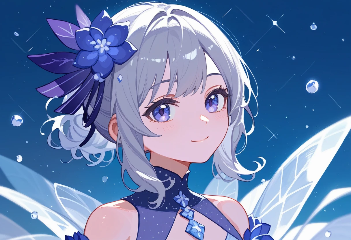 ,1 Girl,Hydrangea embroidered dress,beautiful_face、Eyes that are a combination of purple and light blue、Hydrangea motif、Solo Illustration、A few hydrangea flowers are blooming、Wavy Hair、long bangs on the side、Blue and purple hydrangeas、Like transparent watercolor、light rain、Sparkle effect、Raindrop effect、紫陽花型Sparkle effect、Looking at the audience、smile、Cobblestone Road、Short ponytail、Solo Illustration、Hydrangea flower hair ornament、Beautiful small teardrop ornament、Gray Hair、Light blue mesh hair、Looking up at the sky