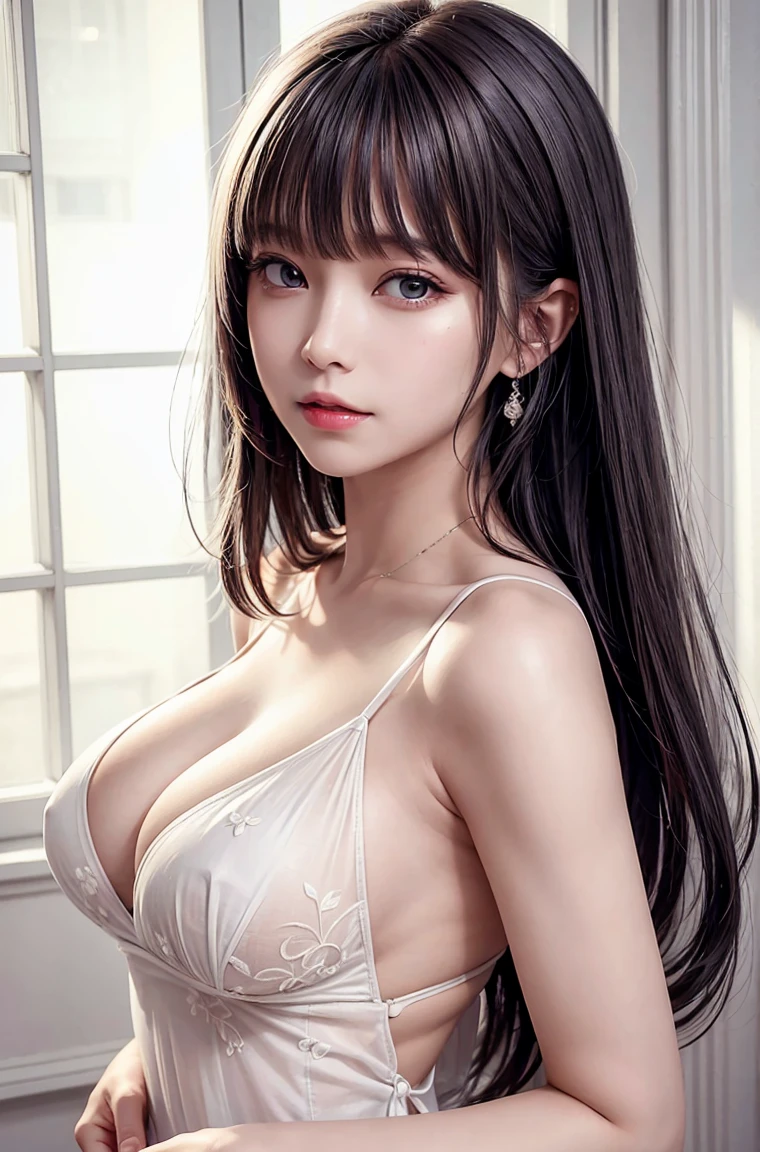 masterpiece, 1 beautiful girl, Delicate eyes, Purebred face_v1, Top quality, Ultra high resolution, (Reality: 1.4), Japanese, Korean, very beautiful, Beautiful skin, slim, (超Reality), (high resolution), (8K), (Very detailed), Delicate face, Bright Lights, Professional lighting, Looking at the audience, Face straight ahead, White backless see-through dress,big nipples, 46 points side bangs,