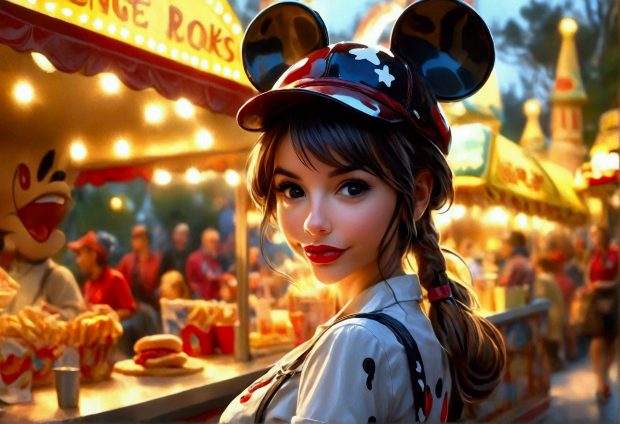 A cute woman, disney land sexy uniform(mickey mouse hat), working at a hot dog stand, near the entry to a Disney land ride, show all of her