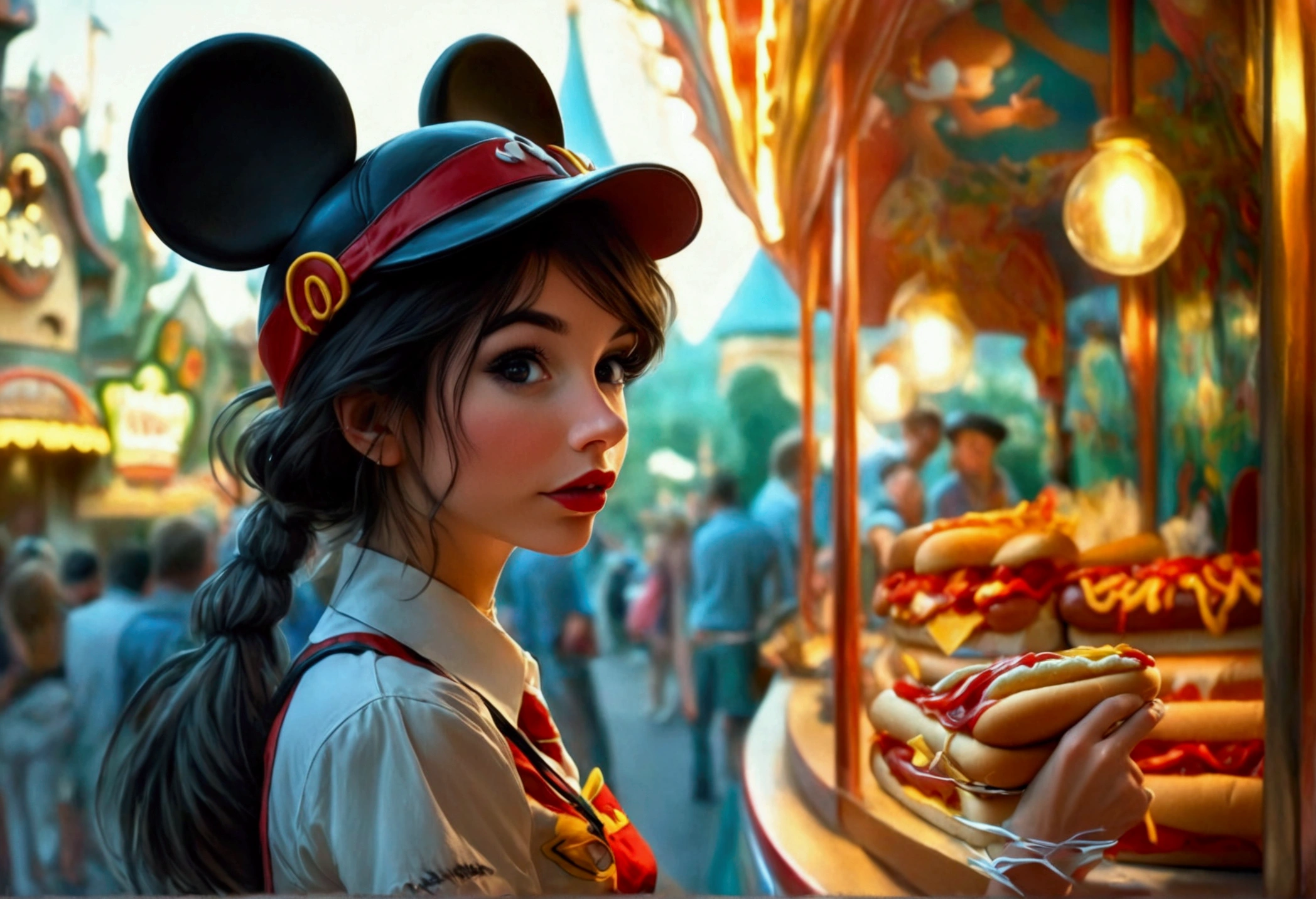 A cute woman, disney land sexy uniform(mickey mouse hat), working at a hot dog stand, near the entry to a Disney land ride, show all of her
