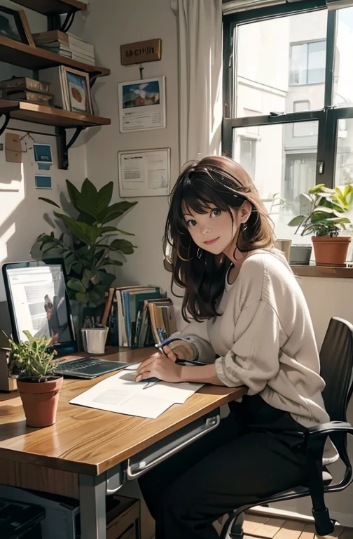 A person sitting at a desk, working on a laptop. The desk has a cup of coffee, some books, and a potted plant. The background is a cozy home office with warm lighting.