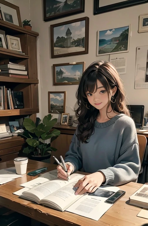 A person sitting at a desk, working on a laptop. The desk has a cup of coffee, some books, and a potted plant. The background is a cozy home office with warm lighting.