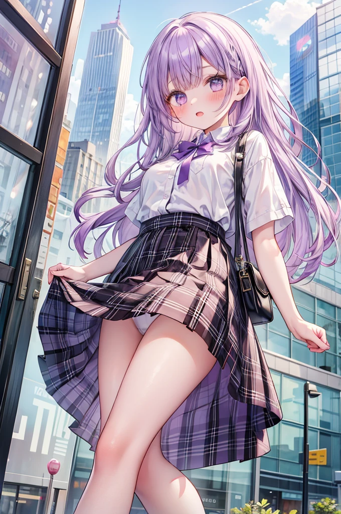 masterpiece, best quality,
 1girl, view from below, 
 turn up the plaid skirt, summer , white panties, purple hair, surprised face, blush,
 downtown area,