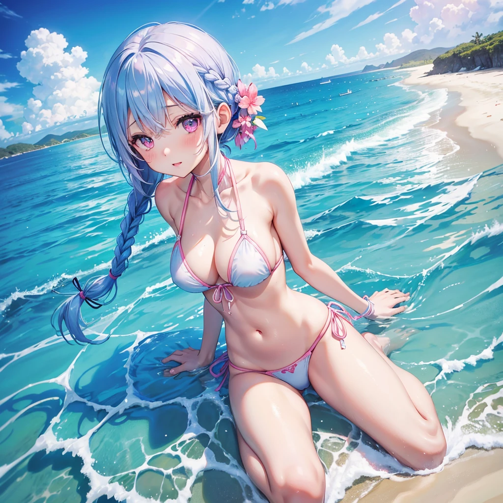 (Sky blue medium hair),(Braided hair tied together)、Pink eyes、Fair skin、(whole body)、(One Girl)、bikini、Shining white sand beach in midsummer、Okinawa&#39;s ocean、A happy smile、、(masterpiece、Highest quality、Very detailed、Best Shadow)、(Detailed Background)、(Beautifully detailed face)、High contrast、(Best lighting、Very delicate and beautiful)、((Cinematic Light))、colorful、Hyper Detail、Dramatic Light、Exquisite detail、Standing with your legs apart