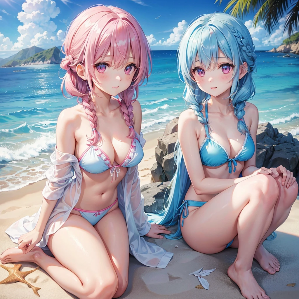 (Sky blue medium hair),(Braided hair tied together)、Pink eyes、Fair skin、(whole body)、(One Girl)、bikini、Shining white sand beach in midsummer、Okinawa's ocean、A happy smile、、(masterpiece、Highest quality、Very detailed、Best Shadow)、(Detailed Background)、(Beautifully detailed face)、High contrast、(Best lighting、Very delicate and beautiful)、((Cinematic Light))、colorful、Hyper Detail、Dramatic Light、Exquisite detail、Standing with your legs apart