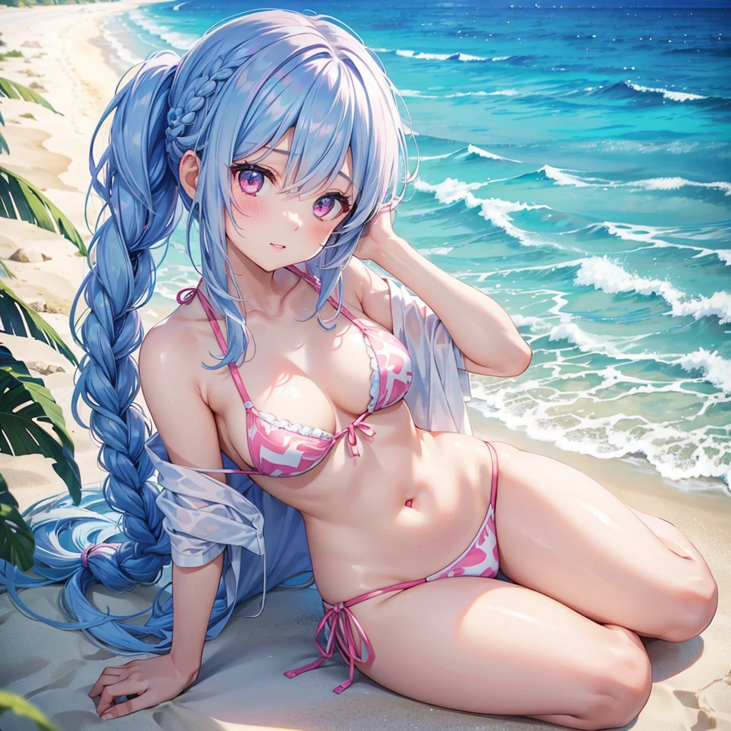 (Sky blue medium hair),(Braided hair tied together)、Pink eyes、Fair skin、(whole body)、(One Girl)、bikini、Shining white sand beach in midsummer、Okinawa's ocean、A happy smile、、(masterpiece、Highest quality、Very detailed、Best Shadow)、(Detailed Background)、(Beautifully detailed face)、High contrast、(Best lighting、Very delicate and beautiful)、((Cinematic Light))、colorful、Hyper Detail、Dramatic Light、Exquisite detail、Standing with your legs apart