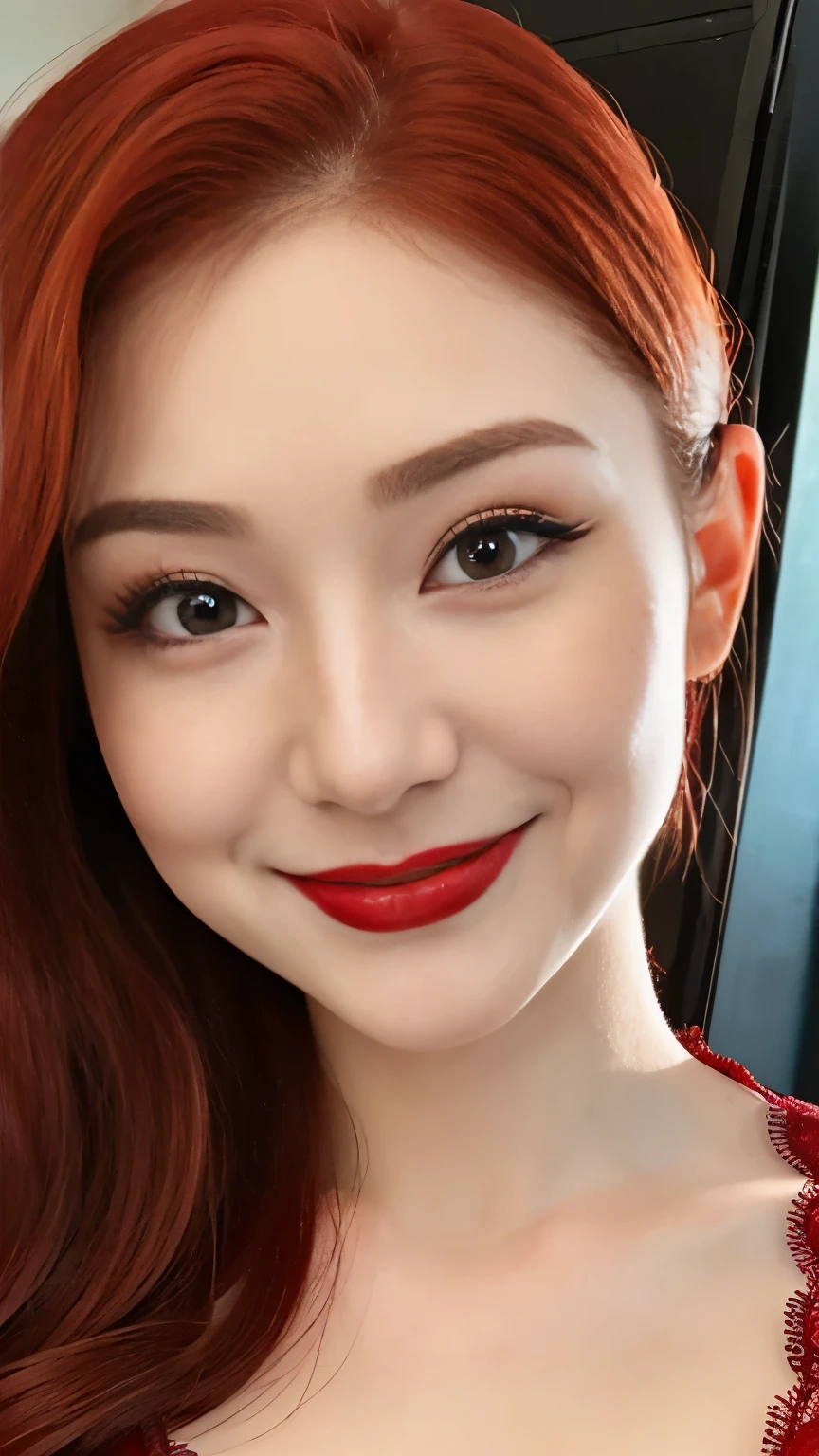beautiful red-haired woman, Japanese, smiling, Gorgeus Girl, Beautiful, Baby Face, instagram photo, closeup face photo of 23 y.o Chloe in kebaya, Red Lipstick, sensual Lipstick, Sensational Make Up, cleavage, pale skin, (smile:0.4), hard shadows, Red G-STRING